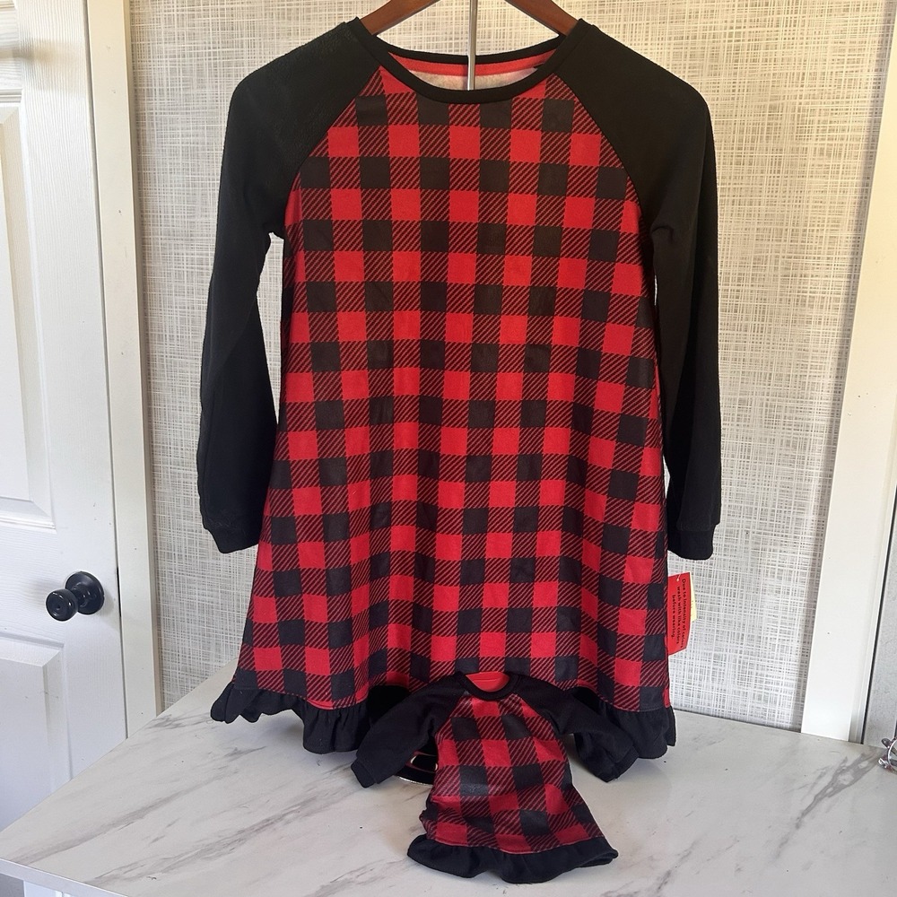 Nightgown w/ Matching 18" Doll Gown Pajamas Christmas Plaid Girls Medium 7/8 BxS